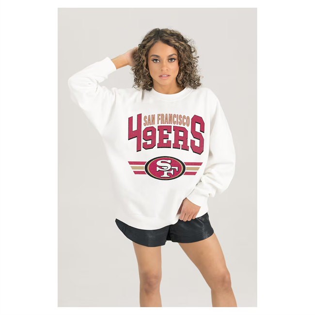 Women's San Francisco 49ers Gameday Couture White Sunday Drives Oversized Crewneck Pullover Sweatshirt(Run Small)